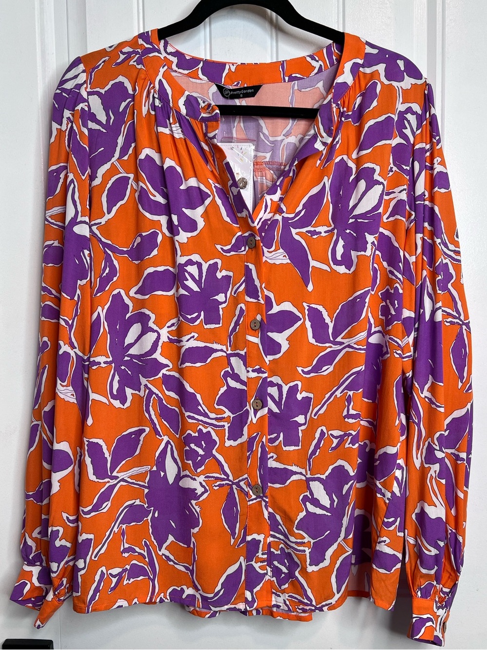 PrettyGarden Orange Purple Floral Design Button-Front Blouse. Size Small. NWT. - Picture 2 of 15